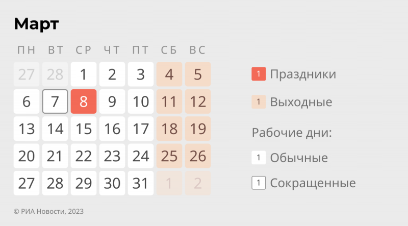 сколько дней на 8 марта будем отдыхать на